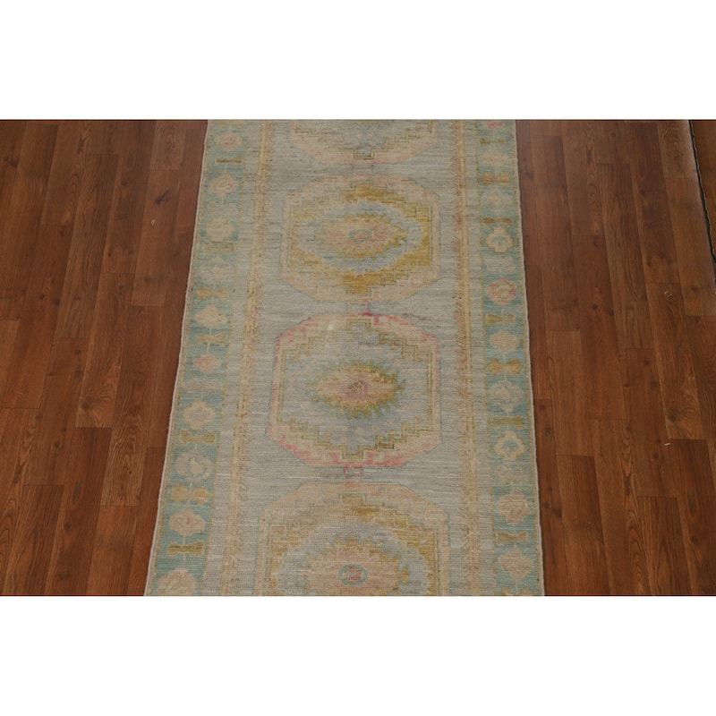 Hand Knotted Oriental 100% Wool Carpet Transitional Geometric Navy Blue & Blues Oushak Runner Rug - 11' 6'' X 2' 9''
