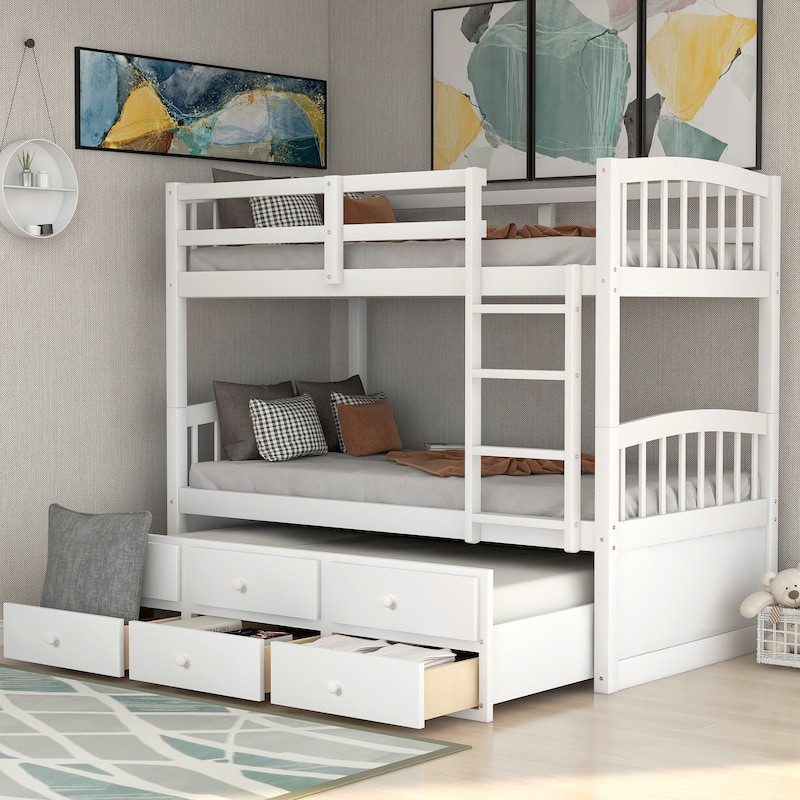 Twin Over Twin Bunk Bed with Trundle and Drawers, White, for Teens and Guest Rooms - White