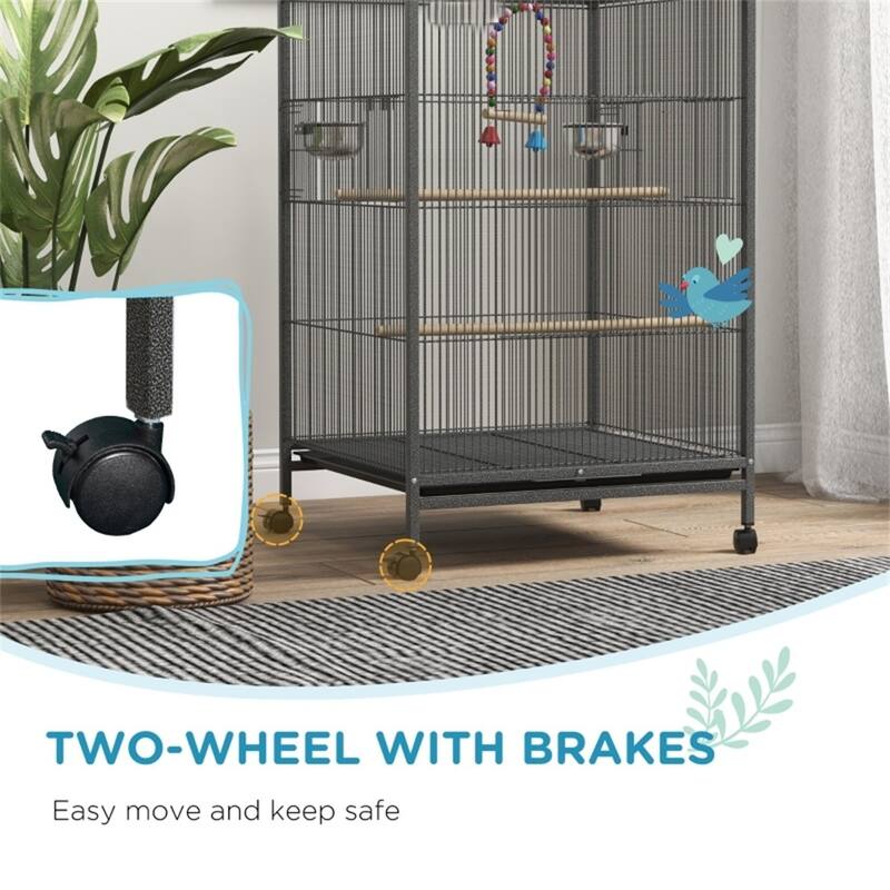 Gray Metal Bird Cage with Sliding Doors Perches Swing and Wheels for Small to Medium Birds - 19" L x 18" W x 29.25" H