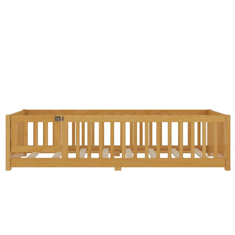 Natural Twin Size Bed Floor Bed w/ Safety Guardrails & Door for Kids