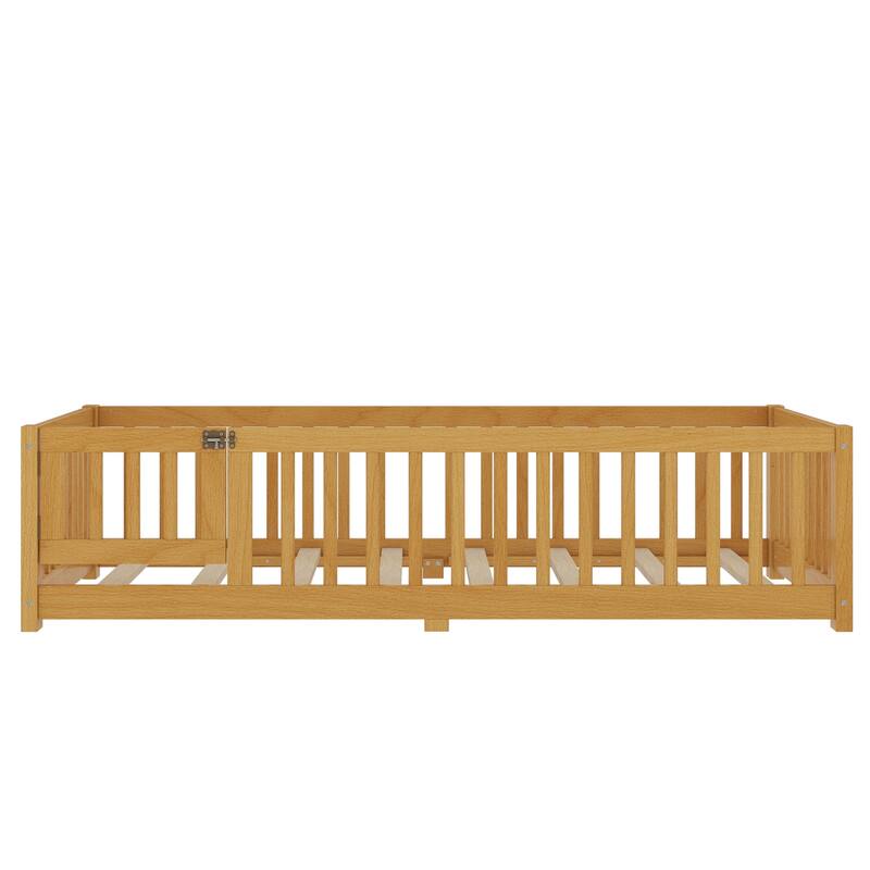 Roomfitters Twin Floor Bed with Safety Fence, Solid Wood Sleeping Frame with Opening Door and Guardrails, Natural