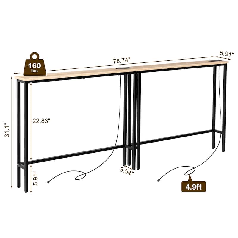 Metal Console Sofa Tables with Built-In USB and AC Ports Pack of 2 - 78.7 x 5.9 x 31.1 in