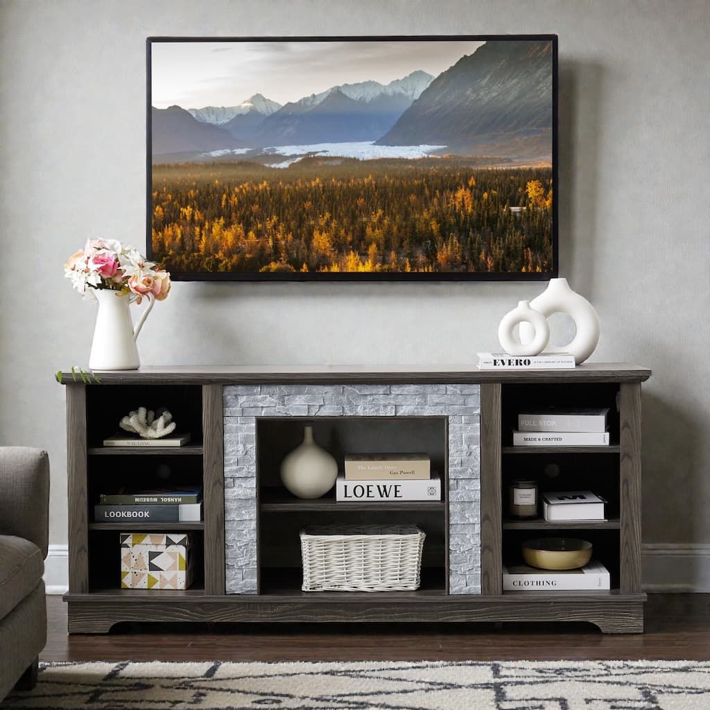 58 Inch Mantel Stone TV Stand for TVs up to 65 Inch, Media Console with Faux Stacked Stone Surround and Open Storage