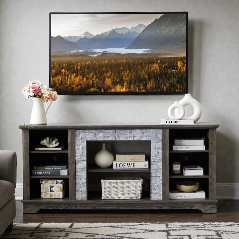 58 Inch Mantel Stone TV Stand for TVs up to 65 Inch, Media Console with Faux Stacked Stone Surround and Open Storage - Grey