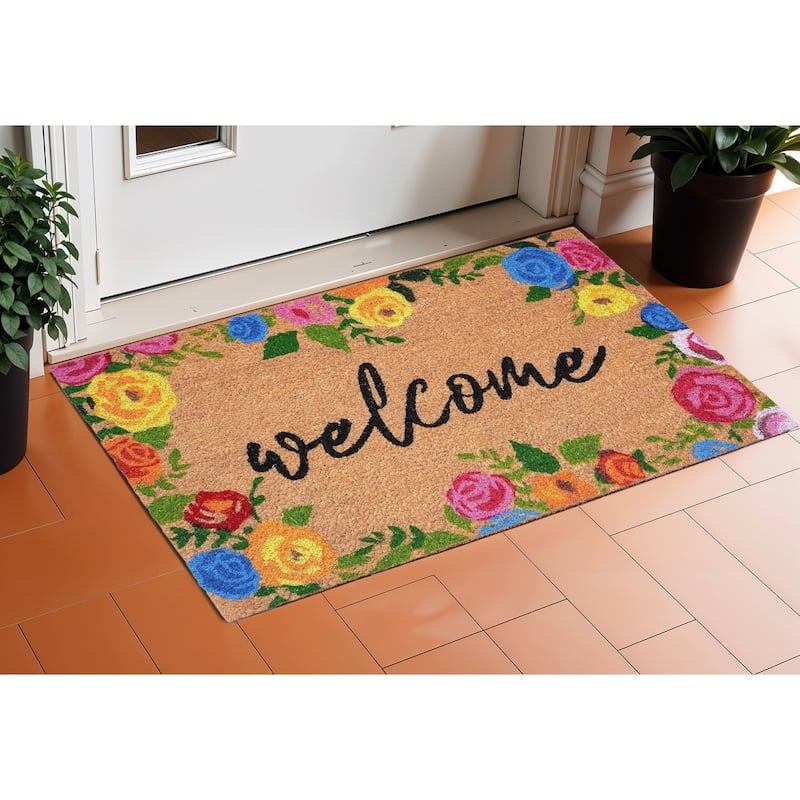 HomeRoots 17" X 29" Natural Blue Pink And Yellow Floral Welcome Outdoor Coir Door Mat - 17' X '29 - 17' X '29