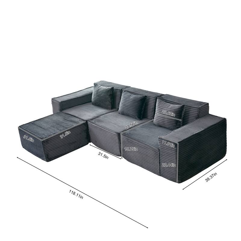 L-Shaped Modular Sectional Sofa,3-Seater with Ottoman,Striped Corduroy Fabric for Home, Apartment, Office