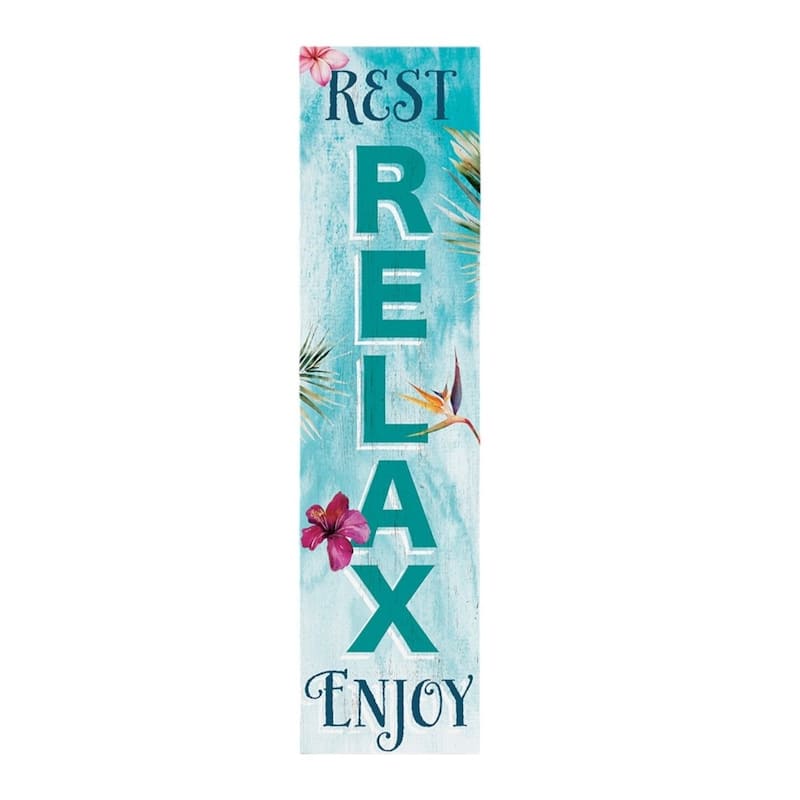 HomeRoots 10" Aquamarine And Pink Solid Wood Tropical Floral Rest Relax Enjoy Porch Sign
