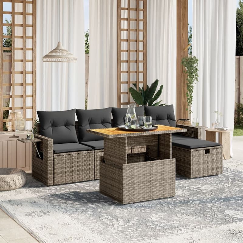 vidaXL Patio Sofa Set with Cushions Outdoor Furniture 6 Piece Poly Rattan - 21.7 x 39.4 x 28.7 - Grey-without storage
