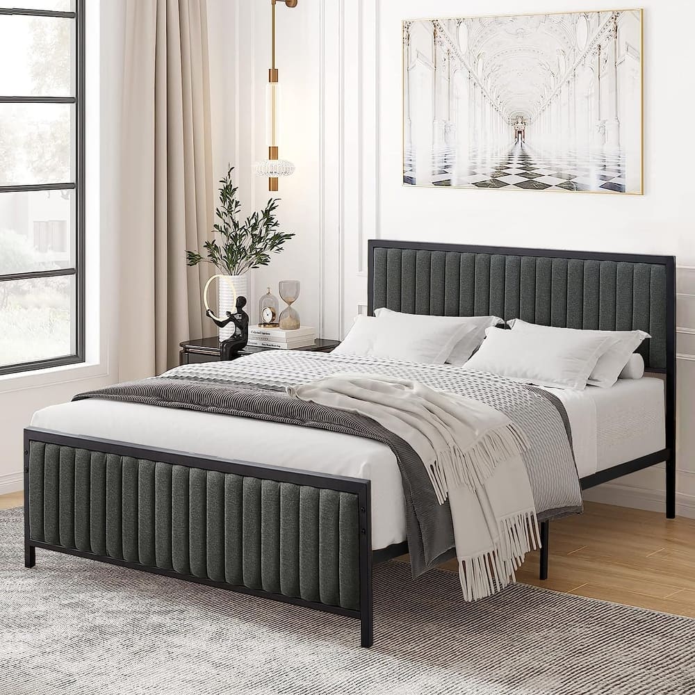Javlergo Bed Frames with Upholstered Tufted Headboard and Footboard Heavy Duty Steel Slats Platform No Box Spring Needed