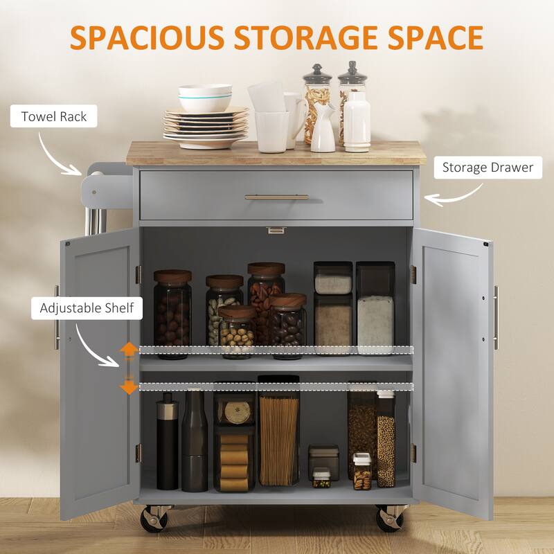 HOMCOM Kitchen Island Cart Rolling Trolley Cart with Drawer, Storage Cabinet & Towel Rack