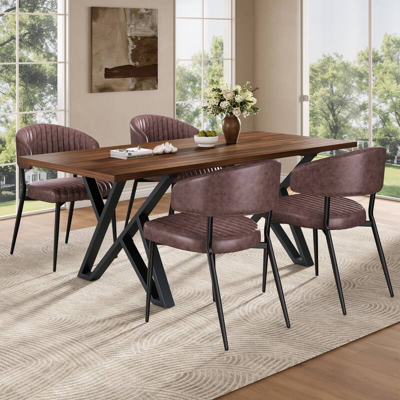 5-Piece Dining Table Set with Faux Leather Chairs and Metal Base, Feet with Anti-scratch and Anti-noise Pads