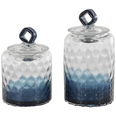 Glass Geometric Faceted Ombre Decorative Jars with Diamond Knobs - Set of 2 Dark Blue - Roche River Decor