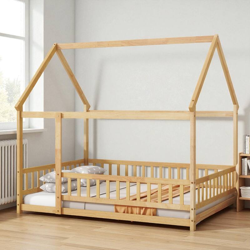 Full Size House Floor Bed with Roof Frame and Guardrails, Solid Wood Montessori Bed for Kids with Fence Design