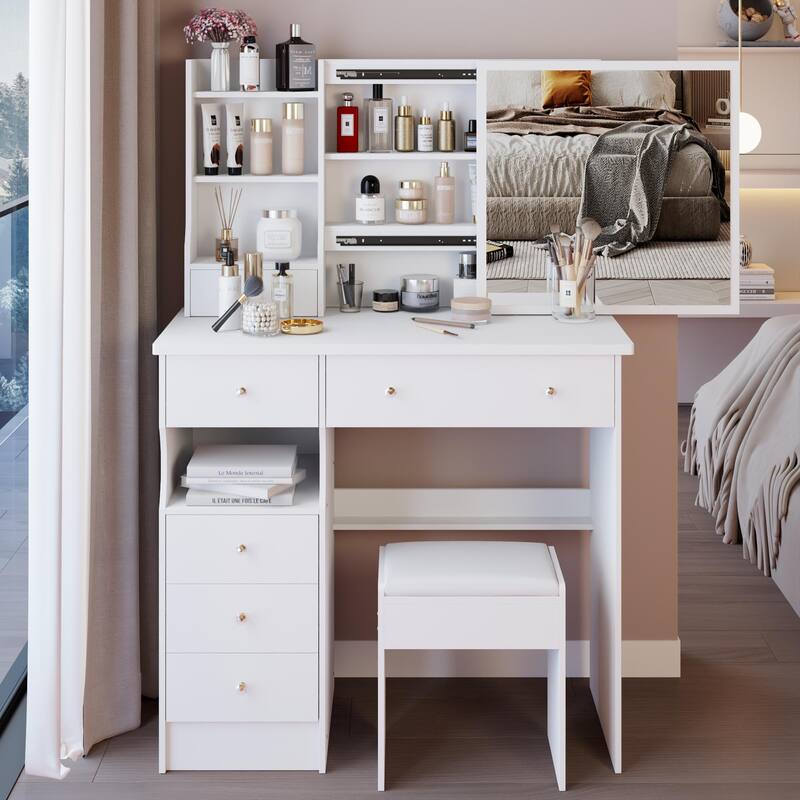 37" Middle Size Left Drawer Vanity Table + Cushioned Stool, Extra Large Right Sliding Mirror, Multi Layer High Capacity Storage - White
