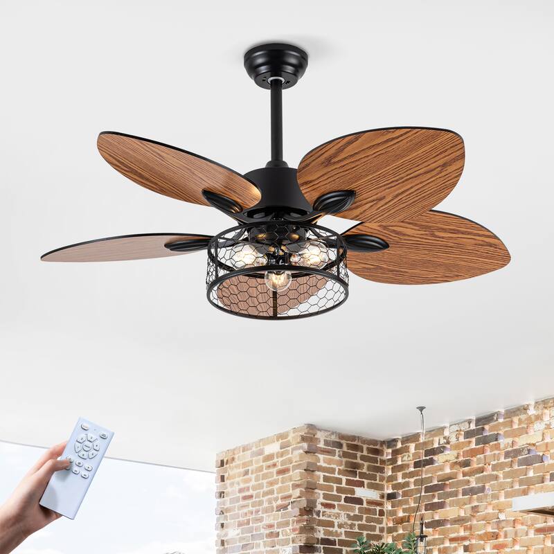 52" Farmhouse Style Wood Walnut Ceiling Fan With Lights and Remote Control, Dimmable LED Optional - 42"-With lights - Matt Black and Plywood Blades