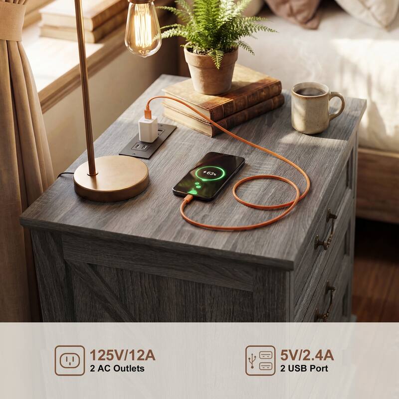 Farmhouse Nightstand with Charging Station, 3 Drawer Bedside Table with 2 AC Outlets & 2 USB Ports, Rustic Wood End Table
