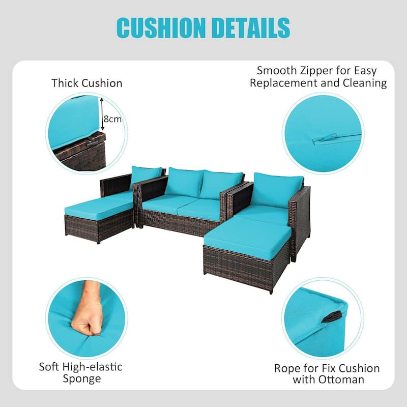 5 Pieces Patio Cushioned Rattan Furniture Set - 50" x 30.5" x 29" (L x W x H)