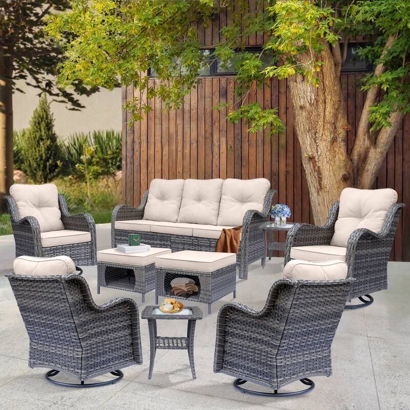 9-piece Wicker Outdoor Patio Furniture Sets with Swivel Rocker Chairs - Beige Cushion/Grey Wicker