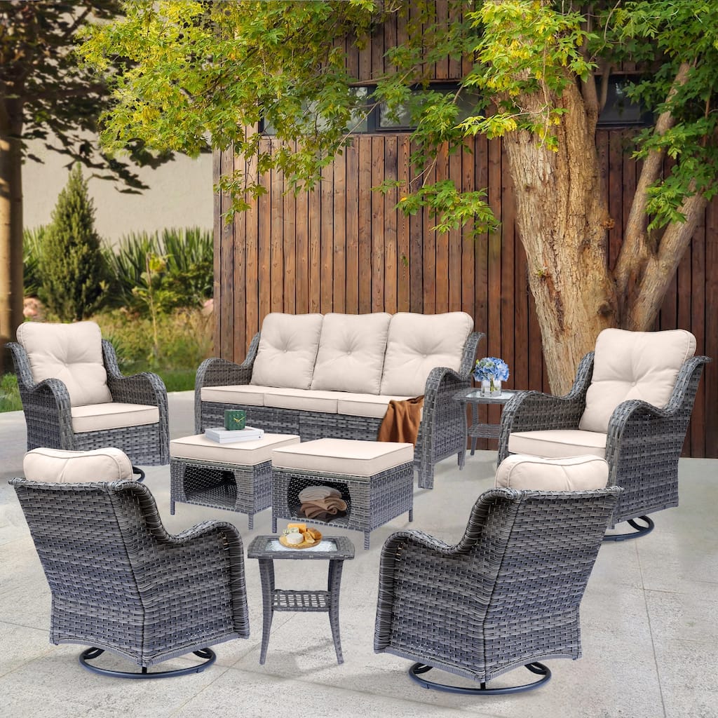 9-piece Wicker Outdoor Patio Furniture Sets with Swivel Rocker Chairs