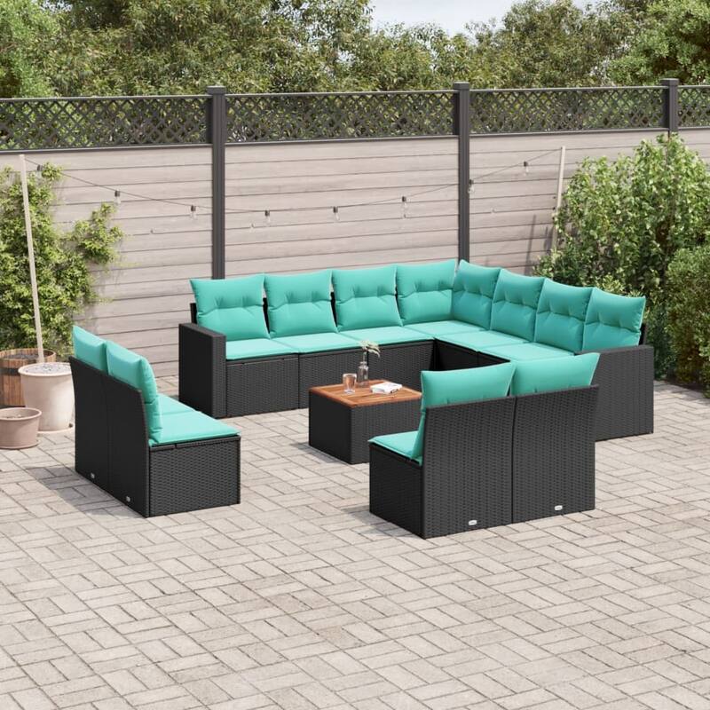vidaXL 12 Piece Patio Sofa Set with Cushions Black Poly Rattan - 24.4 x 24.4 x 27.2