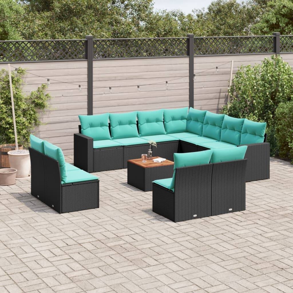 vidaXL 12 Piece Patio Sofa Set with Cushions Black Poly Rattan - 24.4 x 24.4 x 27.2