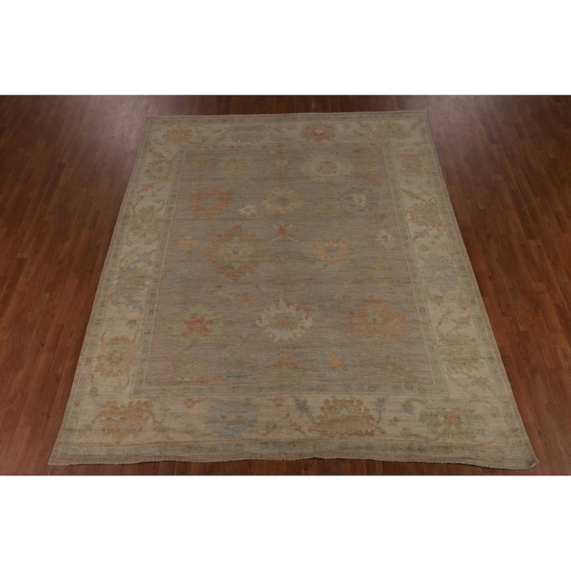 Beige Oushak Turkish Area Rug Hand-Knotted Transitional Wool Carpet - 8'3"x 9'8"