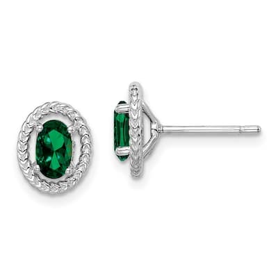 Curata 925 Sterling Silver Rhodium Plated Created Emerald Oval Post Earrings 9.6x7.85mm