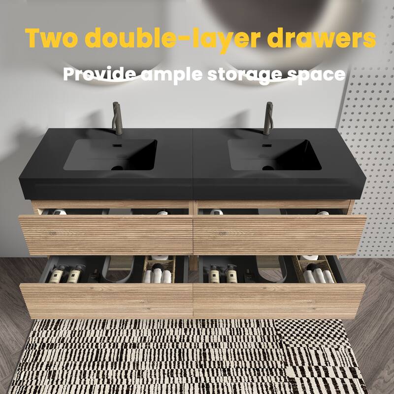 GDFStudio - Grace Wall-Mounted Bathroom Vanity with Engineered Quartz Sink & Soft Close Drawers, without Drainage and Faucet