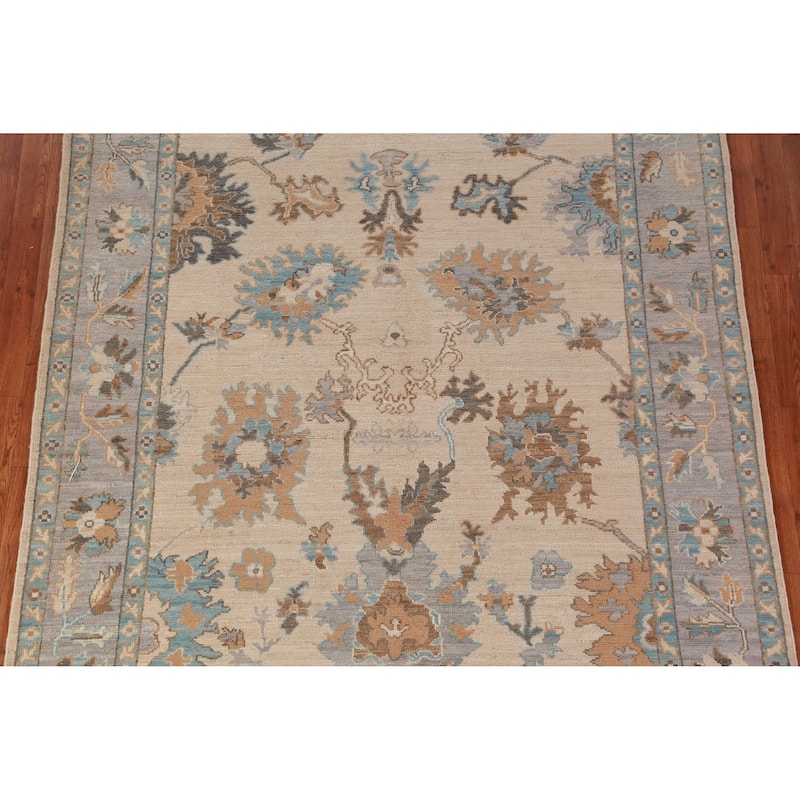 Hand Knotted Oriental 100% Wool Carpet Transitional All-Over Beige & Ivories Oushak Area Rug - 9' 0'' X 6' 1''