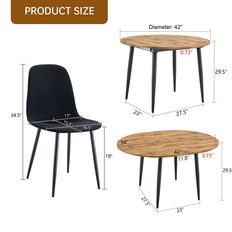 Rustic Extendable Dining Set with 4 Black Linen-Cotton Dining Chairs