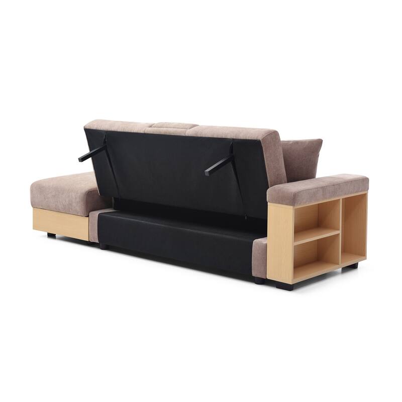 Convertible Sleeper Sofa Bed, Loveseat Couch with Storage Ottoman, Reversible Armrest Box & Drawer, Drop-Down Table, Cup Holders