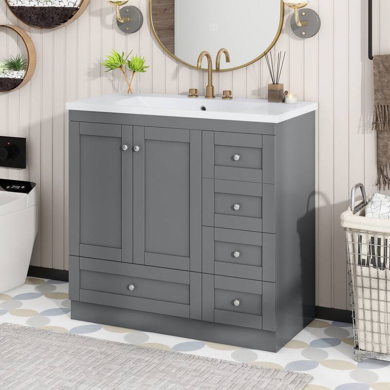 36 inch MDF Freestanding Bathroom Vanity Set with Integrated Resin Sink with Soft Close - Grey
