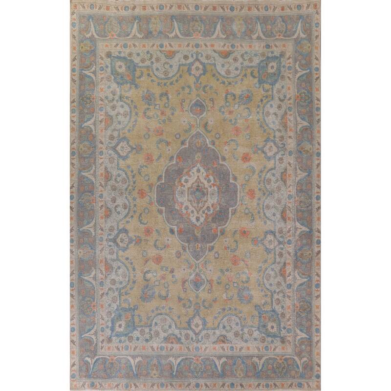 Hand Knotted Oriental 100% Wool Carpet Traditional Medallion Yellow & Gold Tabriz Area Rug - 12' 11'' X 9' 6''