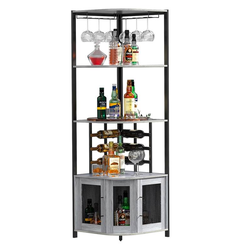 Anmytek 5 Tier Industrial Wooden Corner Wine Rack with Glass Holder & Storage Shelves