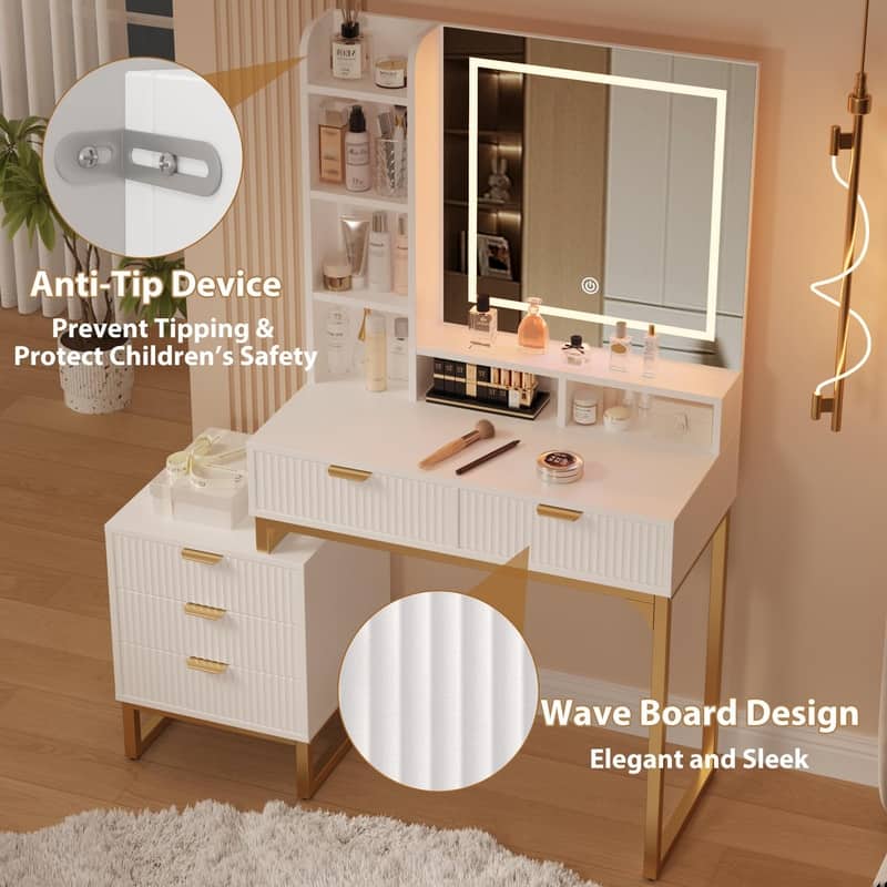 Vanity Desk with LED Mirror and Stool, Movable Side Cabinet, 5 Drawers,