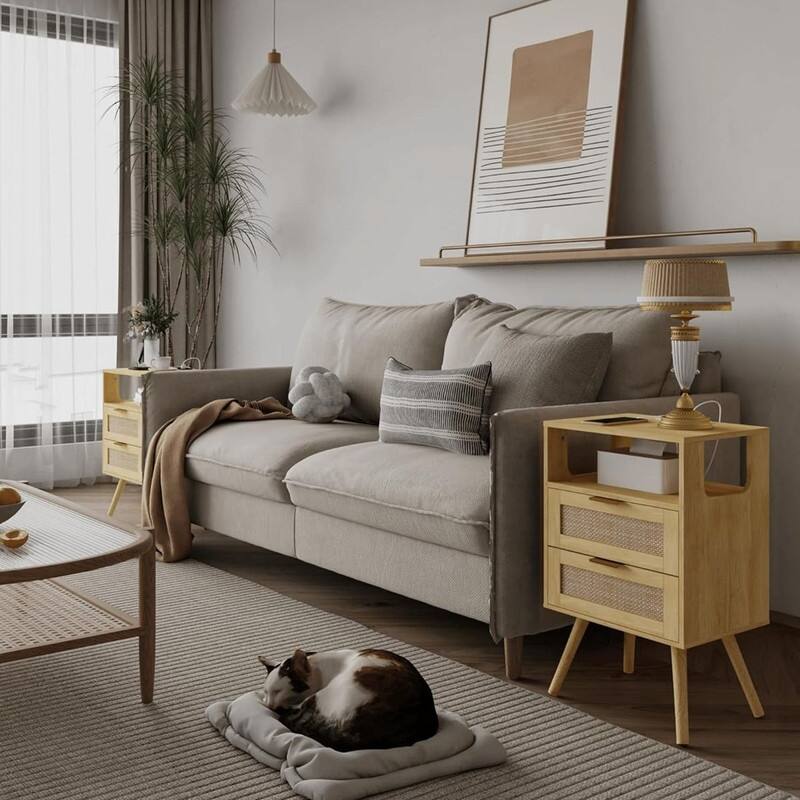 Rattan Nightstand with Chargers, Modern Nightstand with 2 Storage Drawers and Open Wooden Shelf