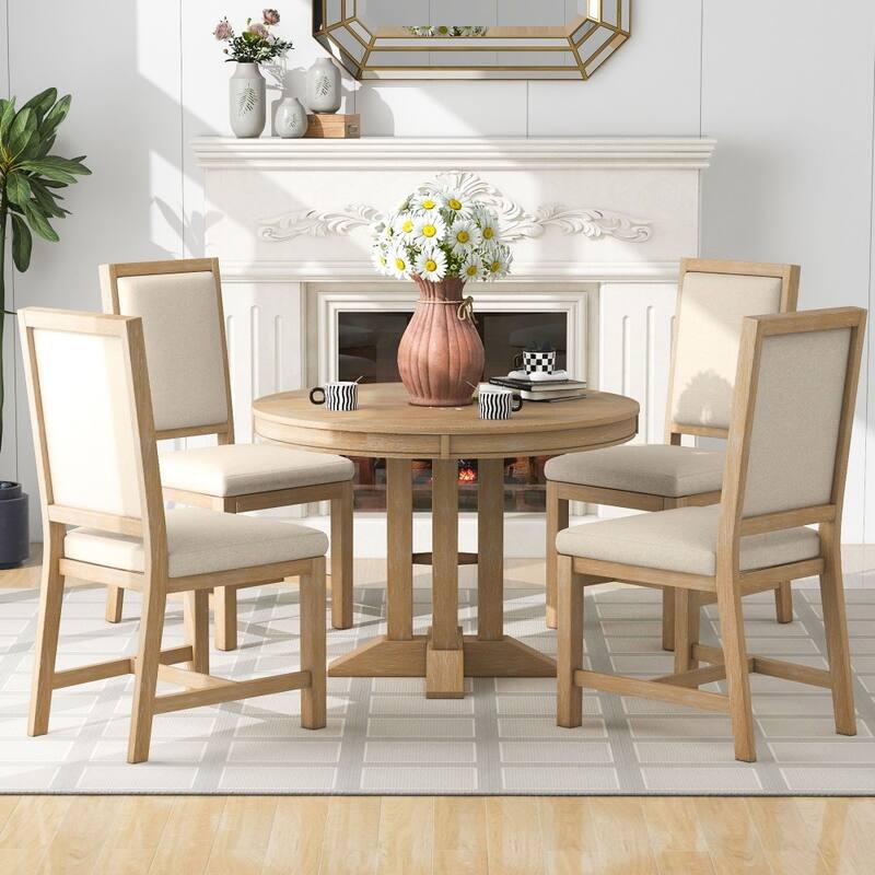 5-piece Farmhouse Dining Set with Extendable Round Table and 4 Upholstered Chairs