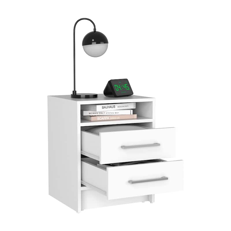 Modern Black Two-Drawer Nightstand with Open Shelf, Versatile Storage Cabinet for Bedroom and Living Room