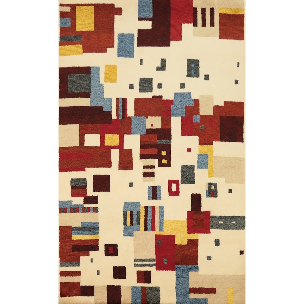 Hand Knotted Oriental 100% Wool Carpet Modern Geometric Multi-Colored Gabbeh Area Rug - 7' 7'' X 5' 3''