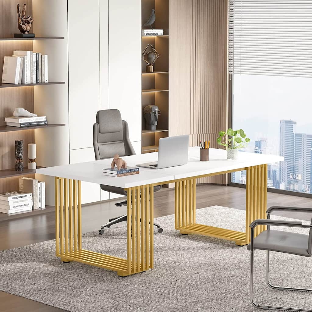 70.9" Modern Office Desk Wood Computer Desk, White Gold Executive Desk