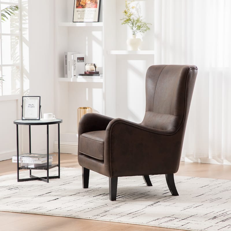 28"W PU High Back Upholstered Accent Chair, Retro Wingback Arm Chair ,Single Sofa Bedroom Reading Seat with Solid Wood Legs