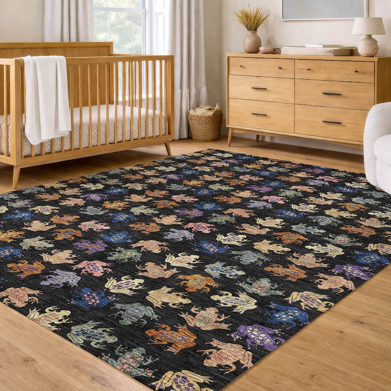 Machine Washable Indoor/ Outdoor Modern Frogs Chantille Rug