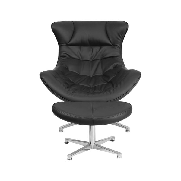 Offex Black Leather Cocoon Chair with Ottoman
