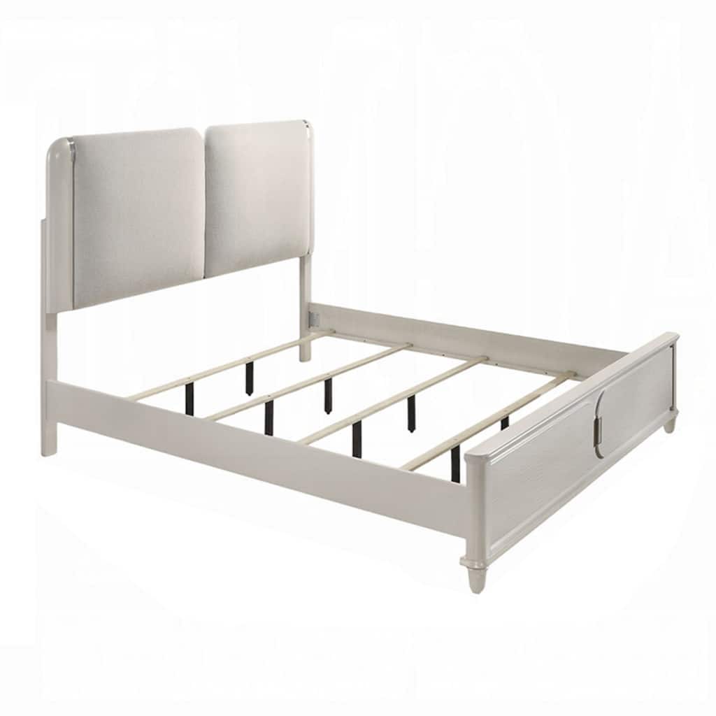 Veda King Size Bed with LED, Pearl White, Gray Boucle Upholstered