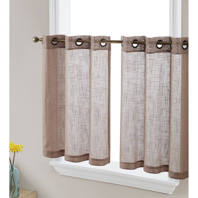 HLC.me Abbey Faux Linen Textured Semi Sheer Grommet Curtain Tiers Valance Small Windows, Bedroom & Bathroom - 35 W x 36 L per panel - Set of 2 - Taupe
