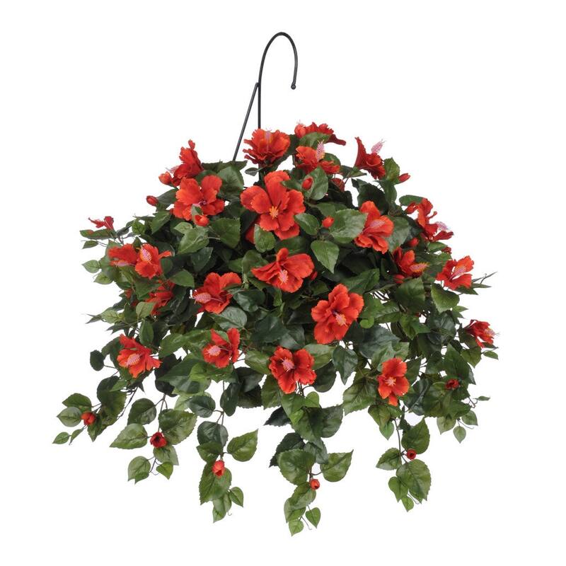 Faux Red Hibiscus Hanging Basket - Reed