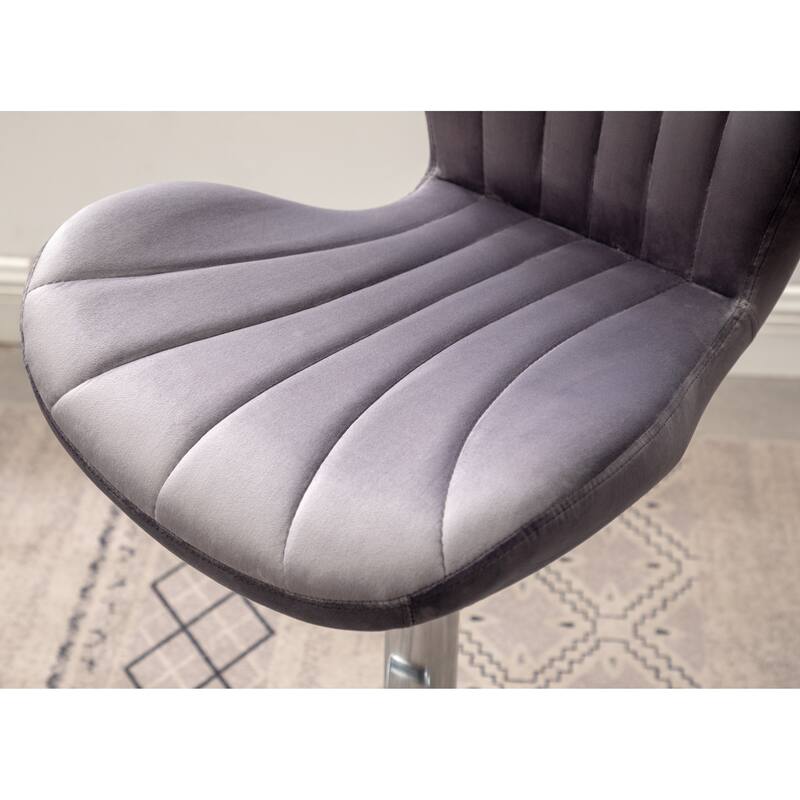 Set of 2 Adjustable Swivel Barstools with Upholstered Bucket Seats and Chrome Footrest.