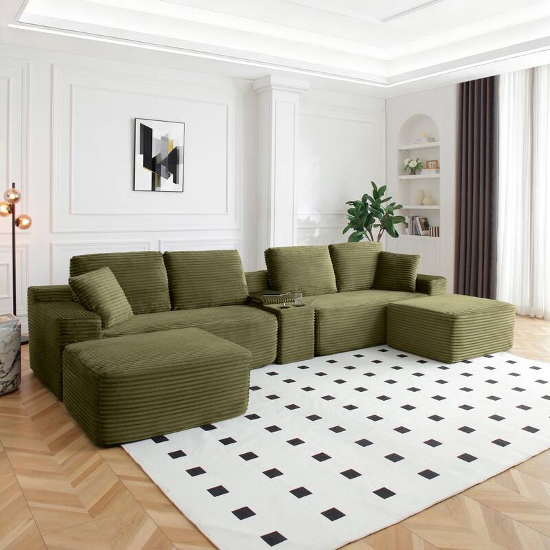 125'' U-Shaped Corduroy Sectional Sofa with Cup Holders, USB Ports and 2 Ottomans