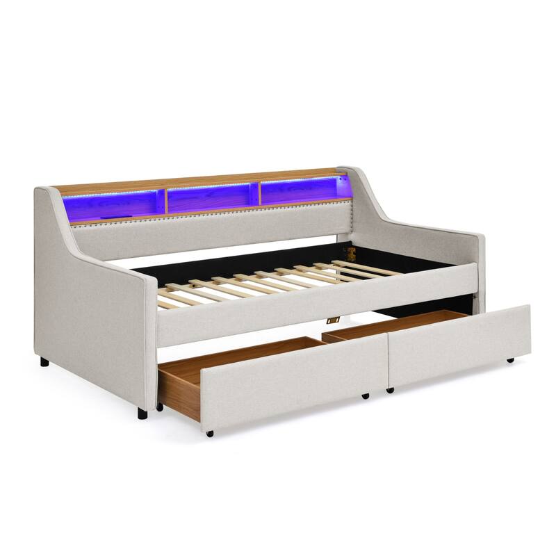 Wooden Platform Bed with Wireless Charging
