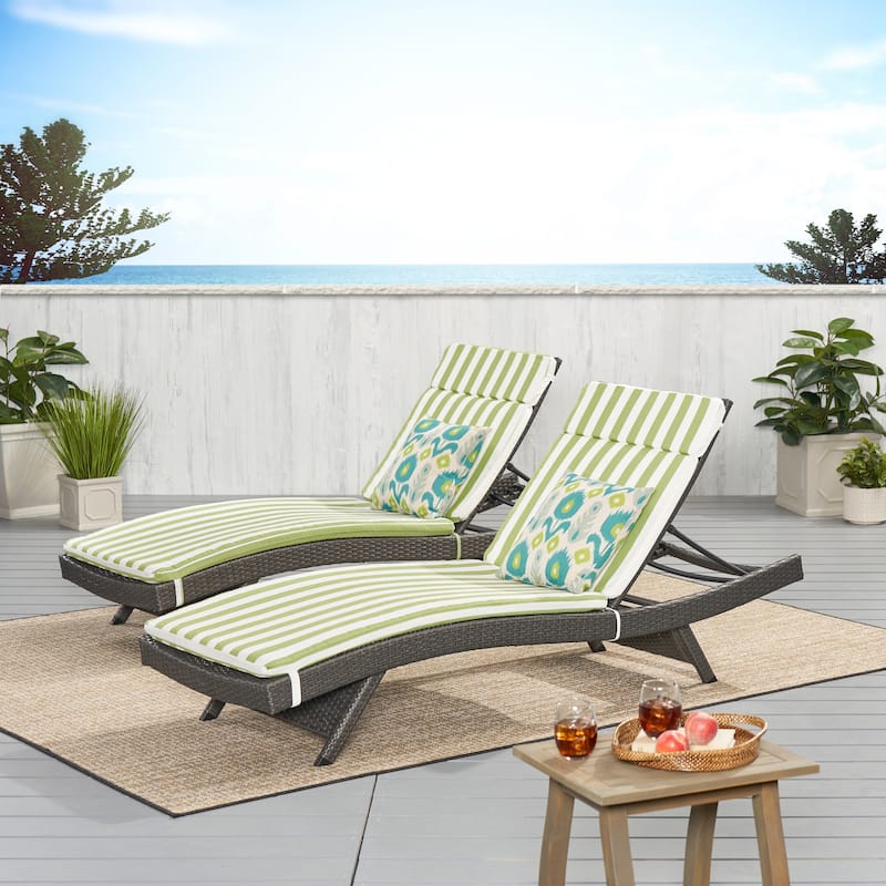 Salem Outdoor Wicker Lounge with Water Resistant Cushion (Set of 2) by Christopher Knight Home - Grey + Green/ White Stripe